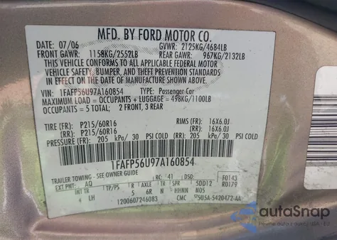 2007 Ford Taurus Sel из США, поврежденный, VIN 1FAFP56U97A160854